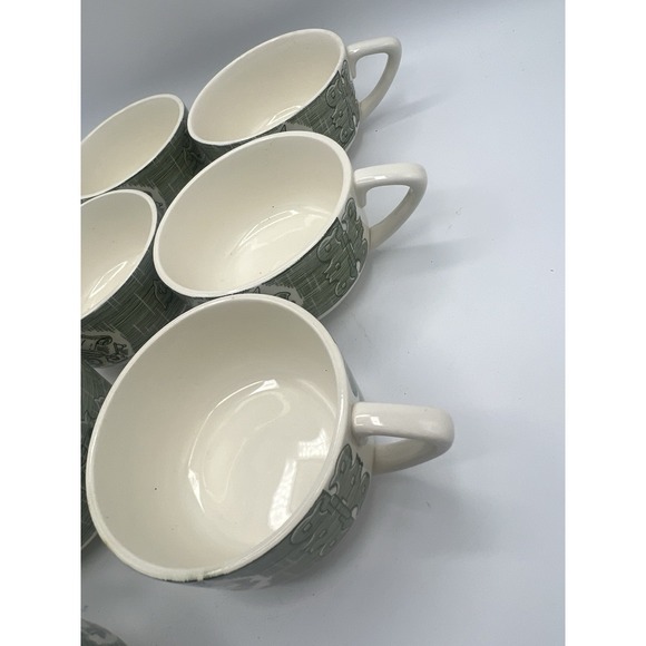 SET of Old Curiosity Shop Underglaze Green Coffee Mug 7 Mugs Scroll Candle Pen - Picture 9 of 9